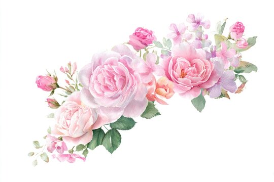 Pink roses and delicate flowers bouquet with green leaves on white background for decoration, wedding, greeting card, floral design and spring concept.