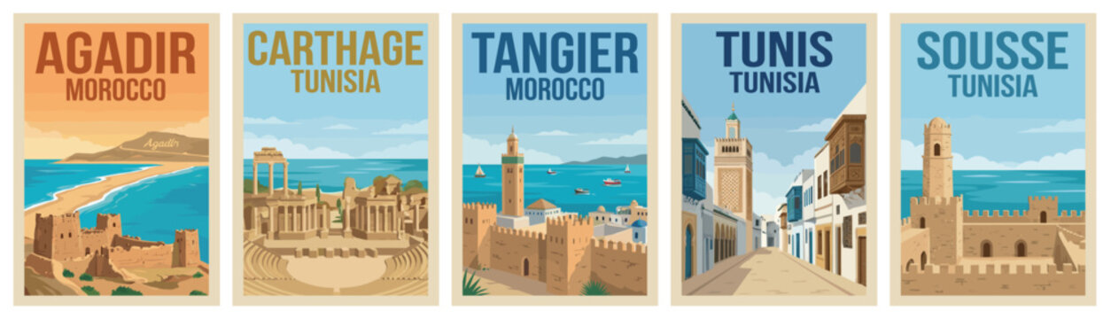 Vintage africa travel poster set. Including agadir morocco, carthage tunisia, tangier morocco, tunis and sousse tunisia. Retro vector illustration.