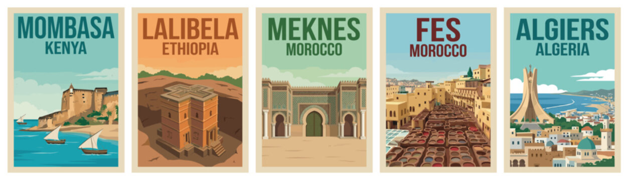 Vintage africa travel poster set. Including mombasa kenya, lalibela ethiopia, meknes, fes morocco, and algiers algeria. Retro vector illustration.