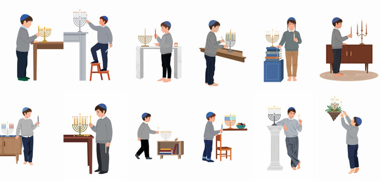 Set of Illustrations Featuring Jewish Boys Lighting Hanukkah Menorah Candles in Various Traditional Home Settings During the Festival of Lights