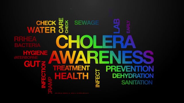 cholera awareness concept Animated Tag Word Cloud kinetic typography, Text Design Animation typography seamless loop video motion graphics Intro Wordart rainbow type on black background bg backdrop