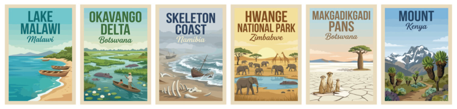 Vintage africa travel poster set. Including lake malawi, okavango delta, skeleton coast, hwange park, makgadikgadi, and mount kenya. Retro vector illustration.