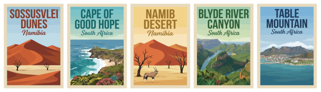 Vintage africa travel poster set. Including sossusvlei dunes, namibia, cape of good hope, blyde river canyon, and table mountain. Retro vector illustration.