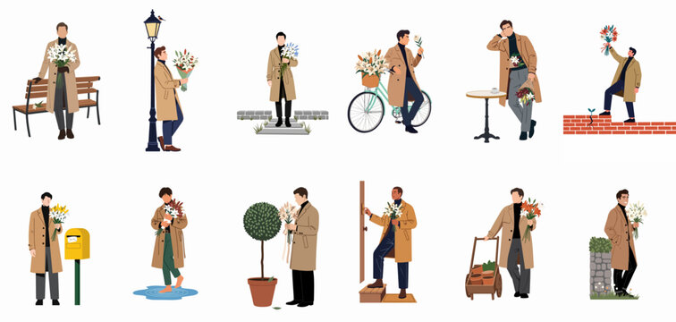 Set of Illustrations of Men in Trench Coats Carrying Bouquets of Flowers in Various Outdoor and Indoor Urban Settings for Romantic Themes