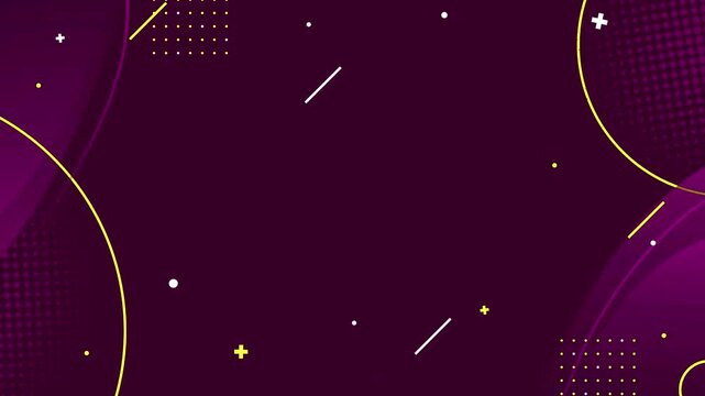 Violet abstract background with neon green circles and yellow geometric shapes in motion.