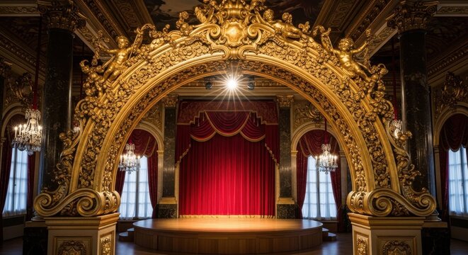 An Ornate Gilded Archway Framing a Grand Theater Stage with Red Curtains and Chandeliers