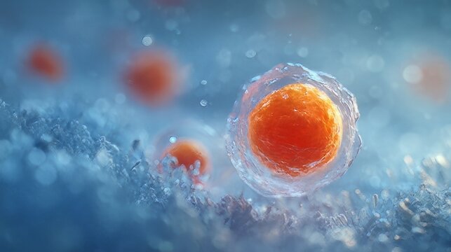 Process of fertilization, reproductive technologies like In Vitro Fertilization (IVF). Egg cell (ovum) is shown surrounded by multiple sperm cells, representing the moment of fertilization. 