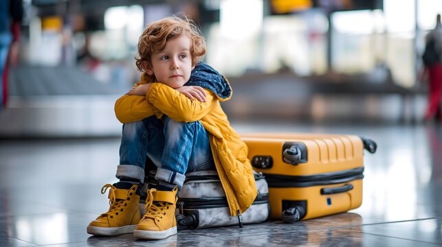 Kind sitzt neben einem Koffer im Flughafen und wartet ruhig auf die Weiterreise