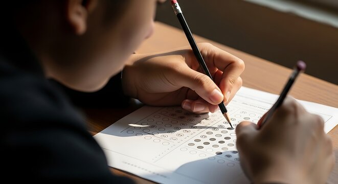 Closeup of a student taking a multiplechoice test, filling in bubbles on an answer sheet with a pencil