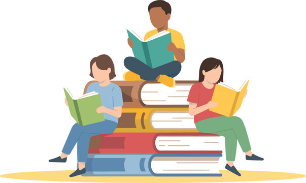 Students reading books together, learning and education concept with diverse children sitting on stacked textbooks