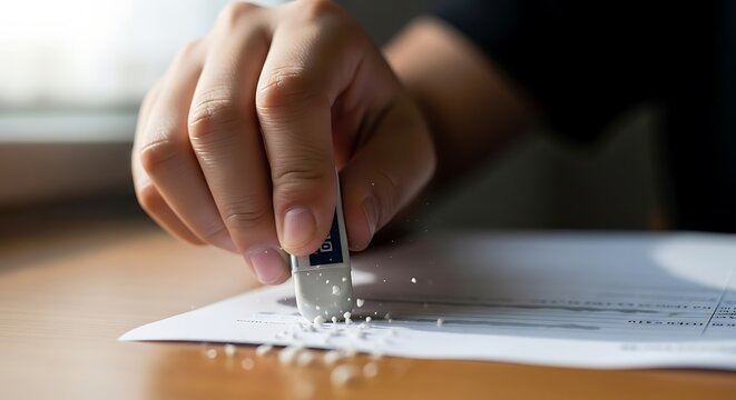 Closeup of a hand using an eraser to remove pencil marks from a document on a wooden desk