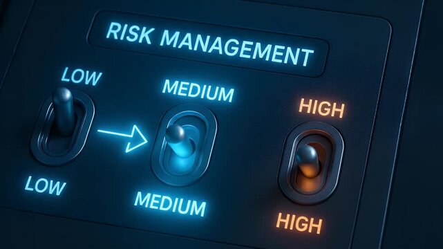 Risk management control panel with switches set to low medium high risk levels glowing blue orange lights indicator showing different risk settings for effective safety control and decision making