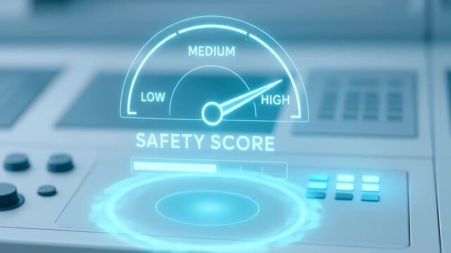 Safety score gauge with high and medium level indicators featuring futuristic digital interface on control panel and office equipment for risk assessment and security monitoring