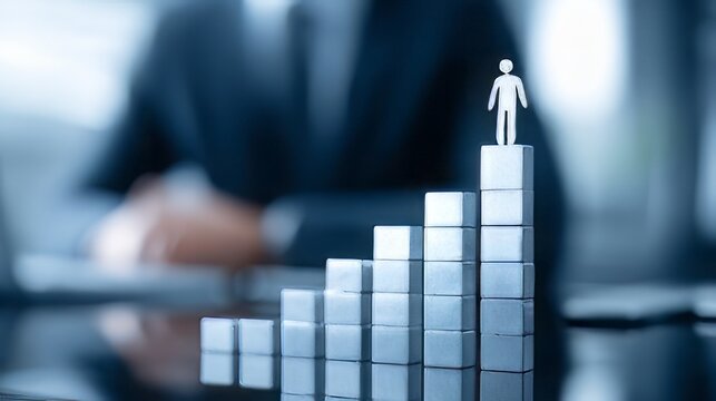 Business growth figure standing on top of a rising bar chart blocks. Career advancement, professional success, or market growth. Upward trend of the bar chart signifies increasing value. 