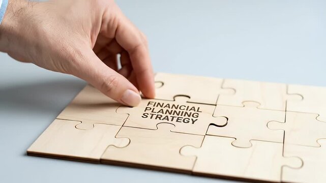 Financial planning strategy puzzle piece hand placing wooden board connection business solution success investment goal teamwork organization decision problem collaboration idea management