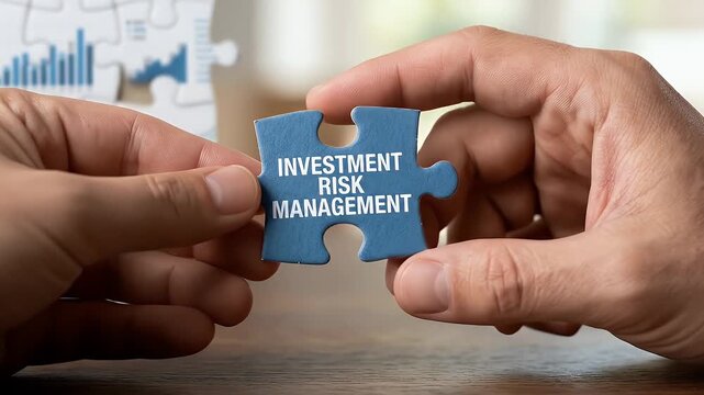 Investment risk management concept with hand holding blue puzzle piece and financial chart background symbolizing strategic business strategy and careful financial planning for success control