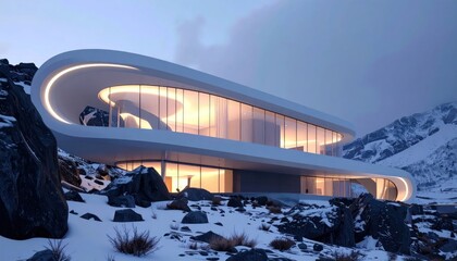 Fototapeta premium Futuristic Architectural Masterpiece in a Snowy Mountain Landscape.