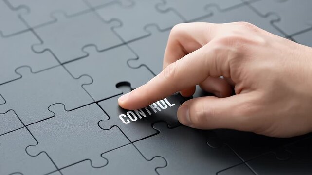 Control puzzle piece in hand fitting black connection symbolizing management strategy problem solution organization leadership concept for effective control and seamless business operations