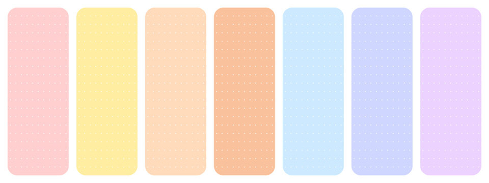 Minimalist 7-day weekly planner set with colorful pastel dot grid stickers for digital journaling and scheduling. Vector illustration of template for recording, notes, to do liste.