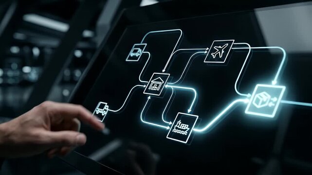 Supply chain logistics digital touchscreen interface with hand pointing futuristic transport shipping delivery icons airplane ship truck package business network connection flowchart modern