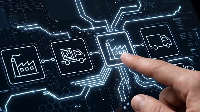 Factory icon delivery truck digital interface technology concept supply chain logistics network connection futuristic design industrial process control automation touchscreen management