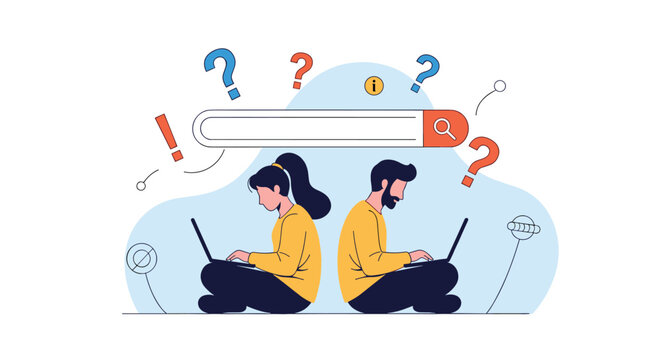 Man and woman sitting back to back using laptops while a search bar with floating question marks appears above them for research.