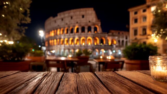 Outdoor caf bar restaurant. A nighttime scene features the Colosseum, a historic Roman amphitheater, illuminated with warm, golden light. The Colosseeum stands majestically against the dark night sky.
