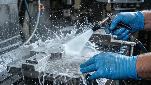 Metal part cleaning high pressure water spray industrial workshop hand glove blue gloves manufacturing process machinery maintenance precision engineering metalworking protective gloves