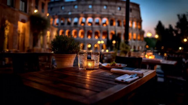 Outdoor caf bar restaurant. A nighttime scene of an outdoor dining area with a view of the Colosseum, a historic Roman amphitheater, illuminated by warm, amber lights.