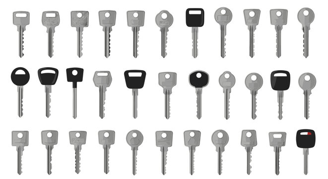 Comprehensive set of various metal door and car keys in different shapes, sizes, and styles for security and access themes.