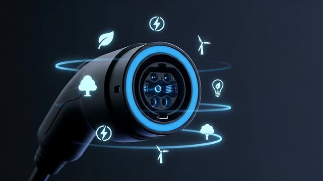 Electric vehicle charging plug with glowing blue rings and eco friendly energy icons floating around, symbolizing sustainable power, green technology, and renewable energy concepts for charging plug