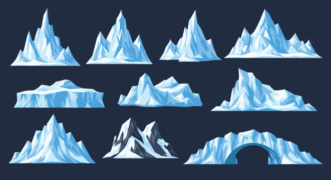 Set of various blue icebergs and arctic ice formations with different peaks and shapes isolated on a dark background.