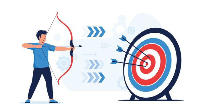 Athletic archer shooting an arrow from a bow at a circular target with several blue arrows already hitting the bullseye.