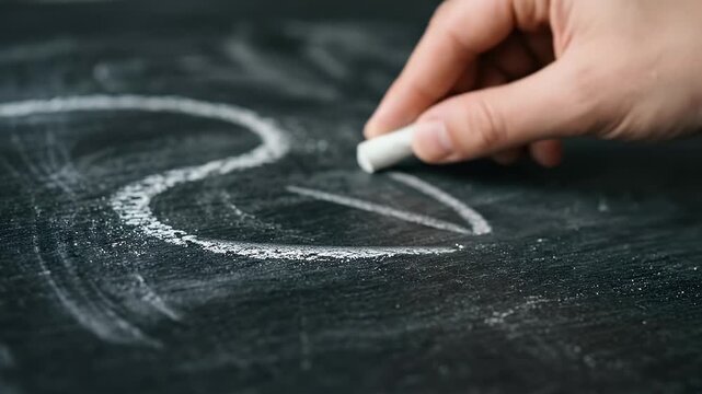 Hand holding white chalk drawing question mark and curved line on blackboard, symbolizing curiosity, inquiry, education, and problem solving with artistic chalk dust texture and creative drawing