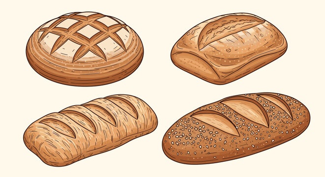 Four different types of fresh artisan bread loaves including sourdough and seeded rolls shown on a light cream background.