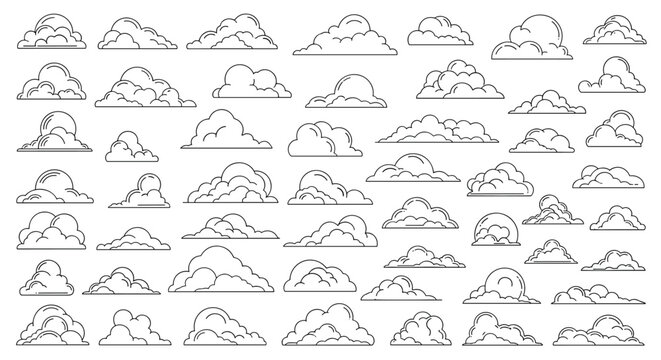 Extensive set of simple black line art cloud icons in various fluffy shapes and sizes displayed on a clean white background.