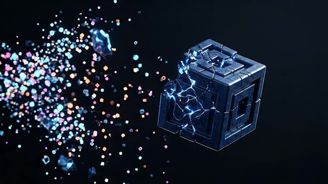 Digital cube breaking colorful particles glowing cracks futuristic technology dark background vibrant light abstract broken particle explosion modern design blue light digital art concept