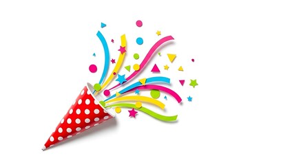 Obraz premium Colorful party popper with confetti and ribbons exploding in air