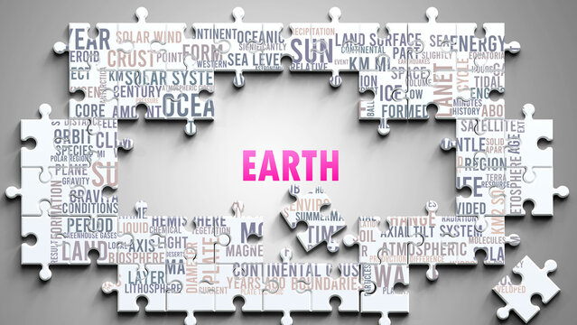 Earth as a complex subject, related to important topics. Pictured as a puzzle and a word cloud made of most important ideas and phrases related to earth. ,3d illustration