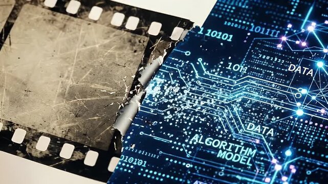 Old damaged film strip breaking apart with digital data visualization, algorithm model, and binary code symbolizing transition from analog to digital technology and innovation in data processing