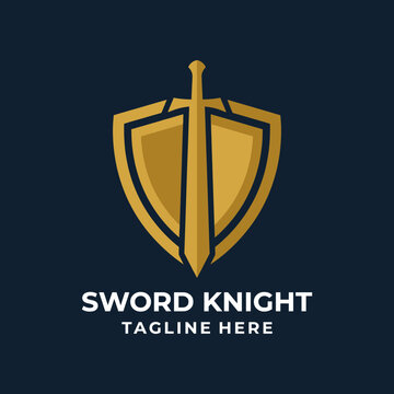A regal and impressive emblem of a sword and shield represents bravery and strength, ideal for branding related to security, protection, or medieval themes.