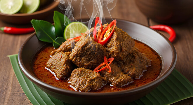A delicious gourmet dish featuring beef rendang cooked with spices served as a signature dish from Indonesia.