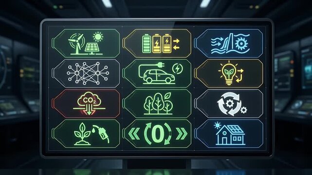 Sustainable energy icons digital screen showcasing renewable power, electric vehicle, carbon reduction, eco friendly technology with wind turbine, solar panel, battery, plant growth, recycling