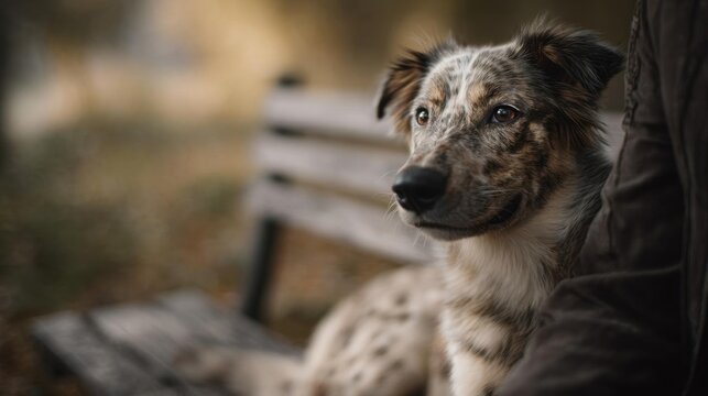 Close-up portrait of a dog sitting on a wooden bench. the dog appears to be a border collie, with a brown and white coat and a black nose.