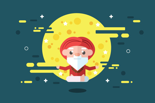 Meditating guru with yellow moon background flat vector illustration silhouette