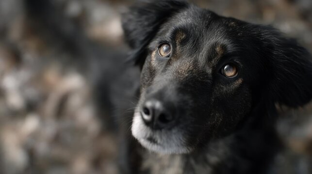 Close-up of a black dog's face. the dog appears to be a mixed breed, possibly a border collie or a similar breed. it has a thick, fluffy coat of fur that is black and brown in color.