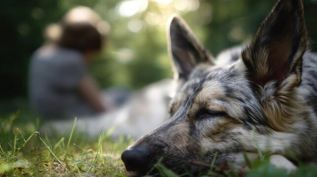 Close-up of a german shepherd dog lying on the grass. the dog is resting its head on its front paws and its eyes are closed. its fur is a mix of black and white, with patches of brown and black.