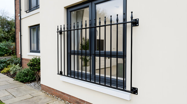 Modern black wrought iron window security railing on beige house wall | Contemporary residential architectural exterior detail with metal bars | Home window safety and protection design features