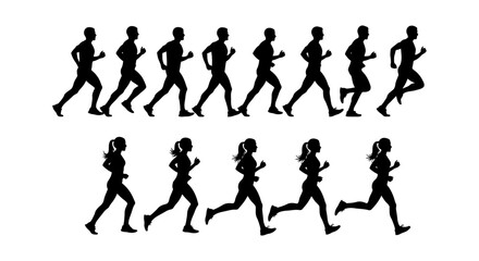 Obraz premium silhouettes of male and female runners in motion on white background sport concept