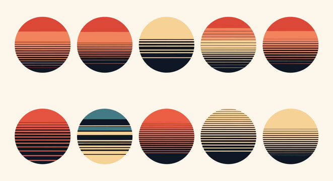 Collection of retro 1980s style sunset circles featuring vibrant color gradients and horizontal line patterns in various color schemes.